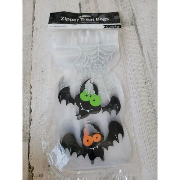 Halloween bat green orange zipper treat bag set spider web - Picture 1 of 4